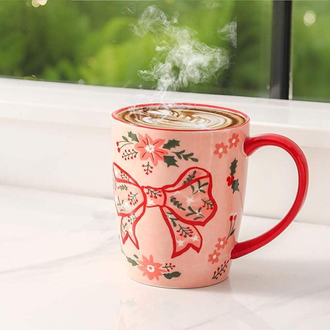 HASENSE Coffee Mugs Set of 4,16oz Ceramic Cups with Handle for Kitchen,Pink Bow Valentine's Day Latte Mugs for Hot Cocoa,Tea,Milk & Latte,Large Festive Stylish Mug Gift,Microwave and Dishwasher Safe