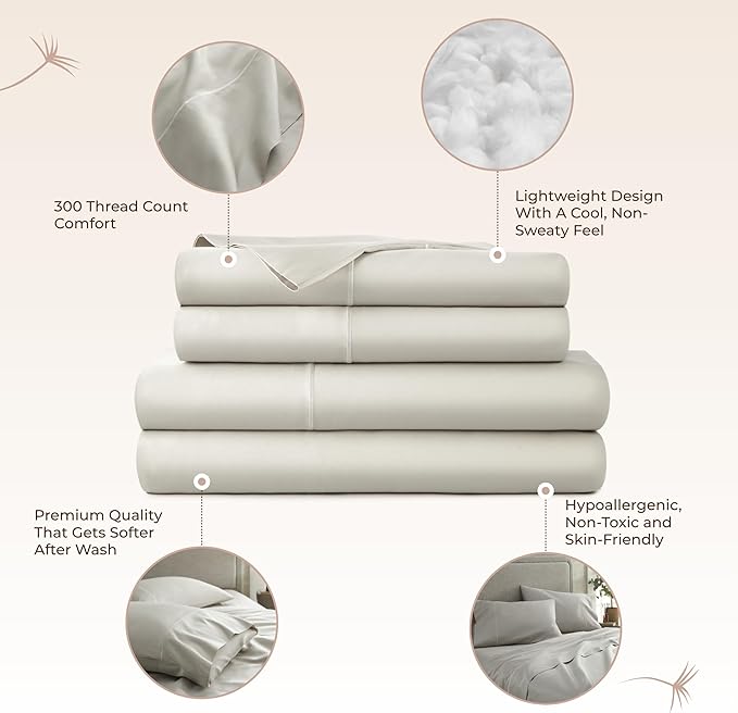 100% Organic Cotton Sheets King Size - GOTS Certified Organic Bed Sheets with Deep Pocket 300 Thread Count & Cozy Sateen Weave Gets Softer with Each Wash - Luxury 4 Piece Set (Pewter, King)