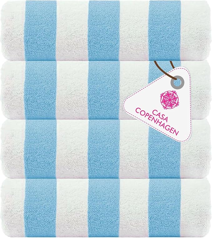 CASA COPENHAGEN Cabana Beach Towel Designed in Denmark Rough and Tough, Quick Dry, Beach, Pool, Bath & Shower 30x60 inches 4 Pieces Cotton Beach Bath Towels Set - Sky Blue