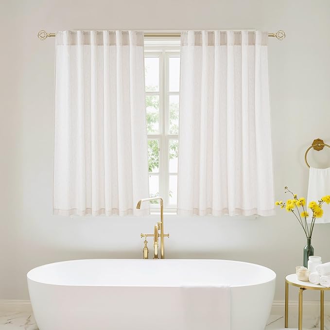 NICETOWN Linen Cream Bathroom Curtains 54 inches Long, Rod Pocket & Back Tab Semi Sheer Window Treatments Privacy Added with Light Filtering Drapes for Kids Room, W55 x L54, 2 Panels