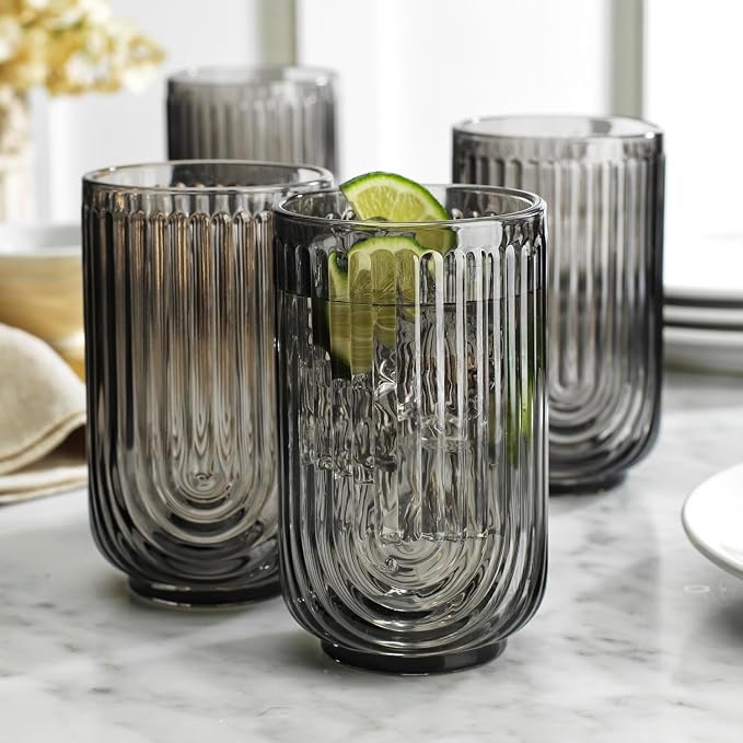 16 Piece Smoke Glassware Set, Beautiful Art Deco Black Drinking Glasses, Ribbed U-Shape Design, 8 Highball 17oz and 8 Whiskey 11oz DOF Handwash Only