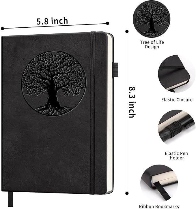 Lined Journal Notebook, A5 Leather Vintage Journals for Writing, 256 Pages College Ruled Notepad for Women Men, Vegan Leather Daily Notebook for Work, School, Travel, Note Taking(Tree of Life, Black)