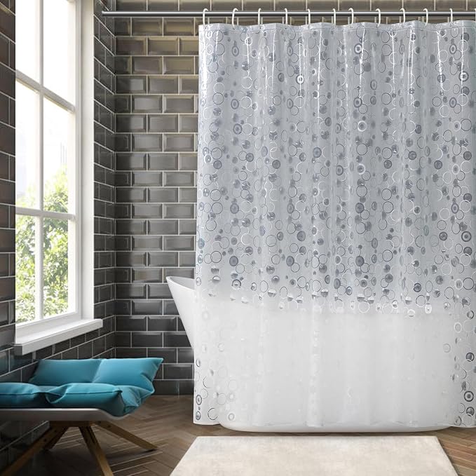 AooHome Plastic 60 inch Short Shower Curtain Liner - EVA 3D Circle Pattern Design Bathroom Shower Curtain with Hooks, 5 Bottom Magnets, 10G Heavy Duty, Water Repellent, Semi Transparent, 72x60 Inch