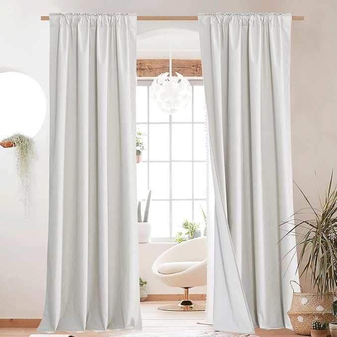 NICETOWN 100% Blackout Linen Curtains for Living Room with Thermal Insulated White Liner, Ivory, 52" Wide, 2 Panels, 84" Long Drapes, Back Tab Retro Linen Curtains Vertical Drapes Privacy for Bedroom
