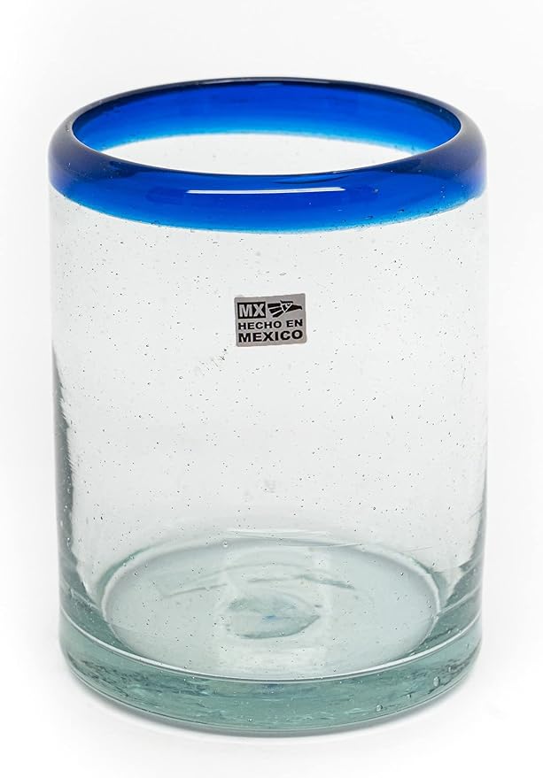 Set of 6 Hand-Blown Tumbler (10 oz) Glasses from Mexico with Cobalt Blue Rim - Rustic & Handcrafted Recycled Bubble Glass Drinking Glassware