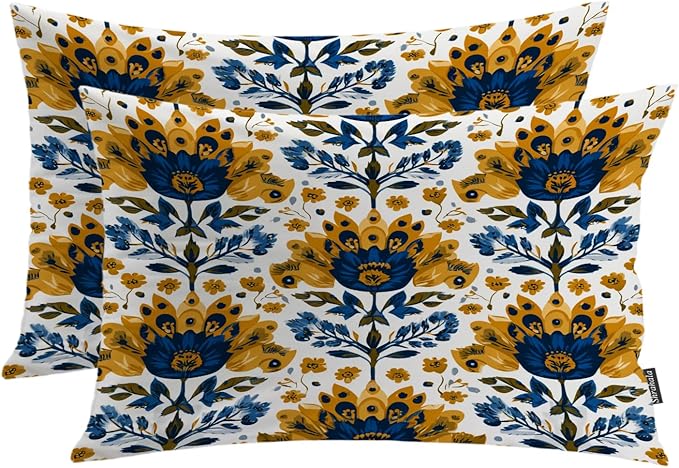 Shrahala Folk Art Floral Motifs Pillowcases, Blue Yellow Floral Pattern Lumbar Pillow Cover Decorative Blended Double-Sided No Inserts for Bedroom Sofa Living Room Set of 2 (26 x 20 in)