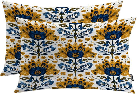 Shrahala Folk Art Floral Motifs Pillowcases, Blue Yellow Floral Pattern Lumbar Pillow Cover Decorative Blended Double-Sided No Inserts for Bedroom Sofa Living Room Set of 2 (26 x 20 in)