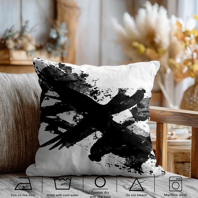 Shrahala Ink Black Hand Painted Decorative Throw Pillow Cover, Graphic White Brush Stroke Square Pillowcase Blended Double-Sided No Inserts for Bedroom Living Room Set of 2 (24 X 24 in)