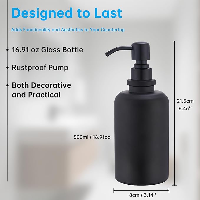 Matte Black Soap Dispenser for Bathroom Kitchen, 17 OZ Liquid Soap Dispenser Large Capacity Cylindrical with Stainless Steel Pump for Dish Hand Soap Vanity Countertop