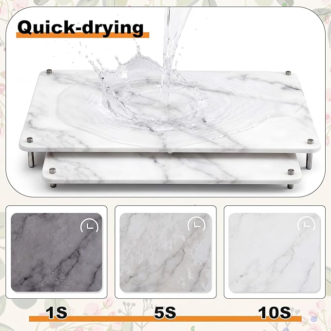 2 Pcs 24"x16" & 20"x16" Large Nesting Stone Dish Drying Mats for Kitchen Counter Absorbent Quick Dry Diatomaceous Earth Mat with Non-slip Feet for Pot Dishes Cups Tableware (Marble Color)