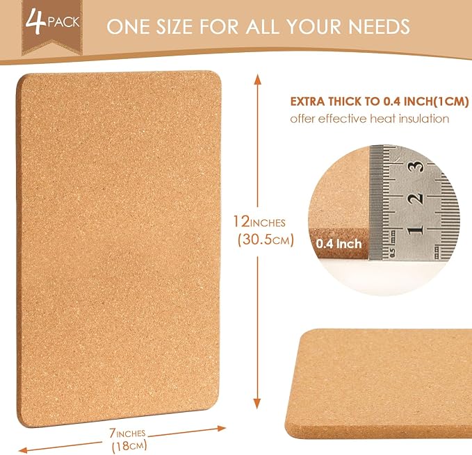 Cork Trivets for Hot Dishes Rectangle, 12" x 7" High-Density Thick Cork Trivets for Hot Pots and Pans, Heat Resistant Placemats HotPlate Coaster Pads for Kitchen, Table, Countertops, 4 Pcs