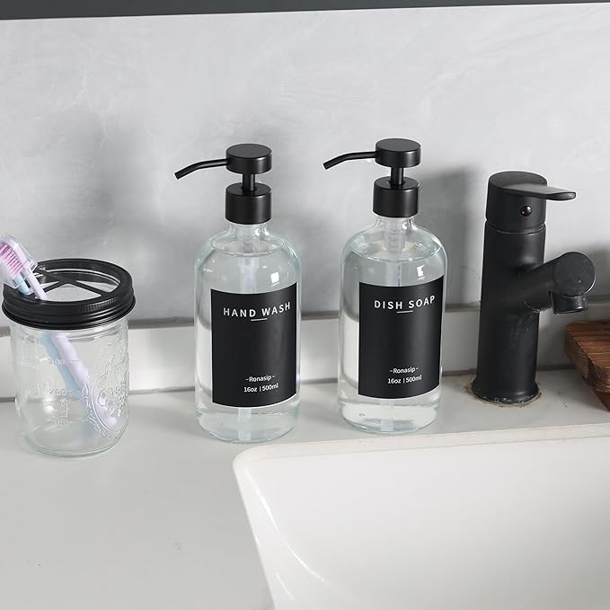 Ronasip Set of 5 Kitchen Soap Dispenser Set 16 Oz Glass Hand Dish Soap Dispenser with Stainless Steel Pump, Cement Tray, Dish Scrub Brush for Farmhouse Rustic Home Bathroom Decor (Transparency)
