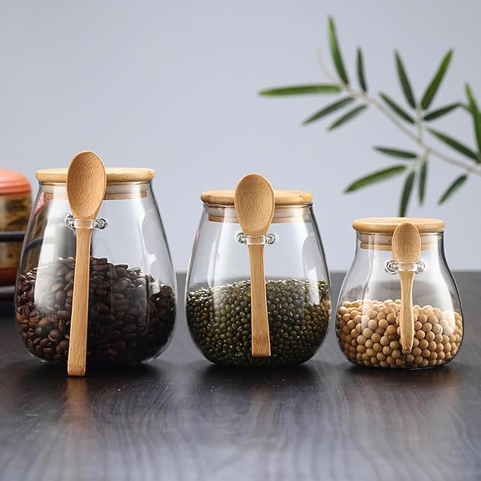 Airtight glass jar storage container with bamboo lid Set of 4, wide mouth, leak-proof, With a spoon, can be used for coffee beans, tea leaves, grains, dried fruits, etc (Small*4pcs)