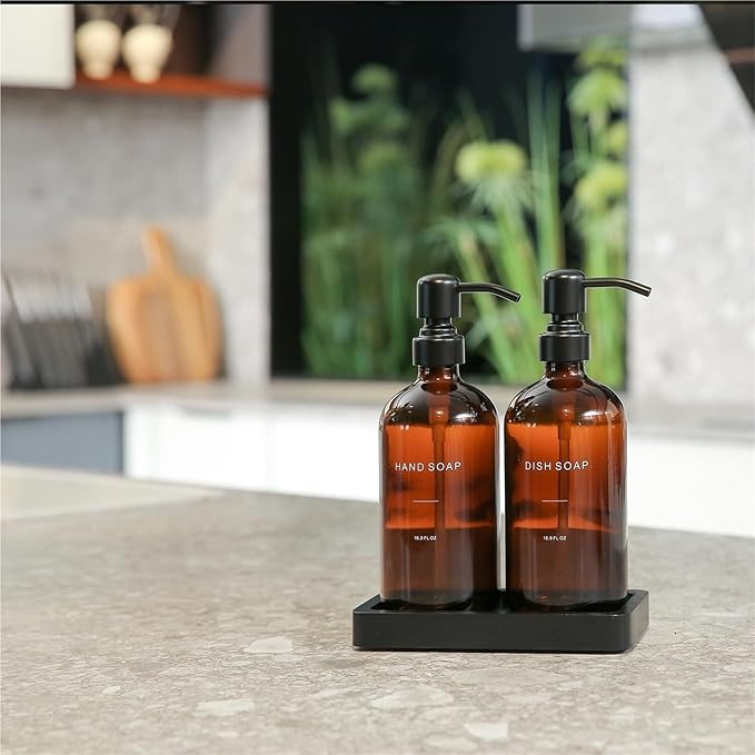 Liquid Dispenser Soap Dispenser Set Glass with Stainless Steel Pump Countertop Soap Bottle(Amber Bottle+Black Pump)