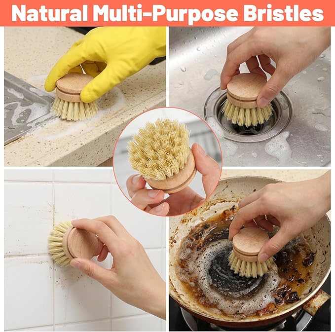 12 Pcs Bamboo Dish Brush Replacement Heads, Small Wooden Dish Brushes for Cleaning Natural Sisal Bristle Refills Eco Friendly Wood Compostable Scrubber Heads for Kitchen Dishes Cleaning Supplies