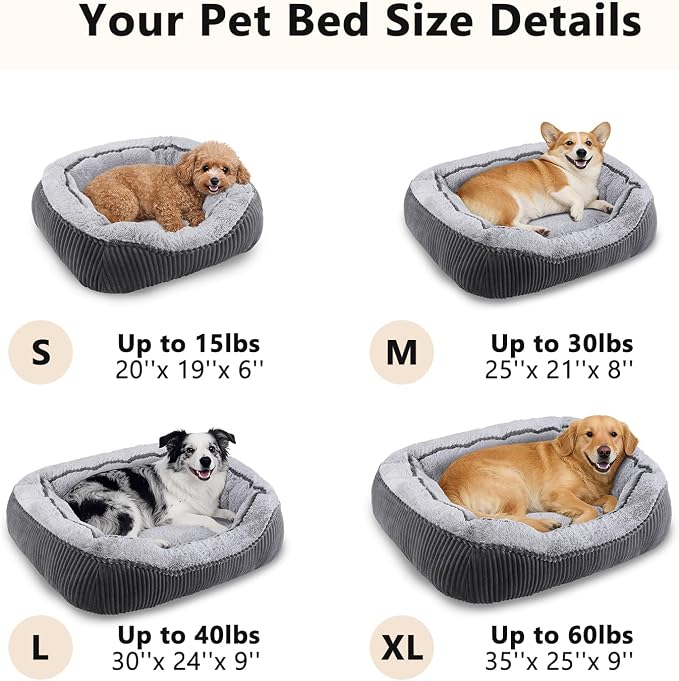 Washable Dog Bed for Small Medium Sized Dogs, Rectangle Small Puppy Cat Dog Beds, Orthopedic Pet Bed, Soft Breathable Calming Pet Sofa Bed Anti-Anxiety with Anti-Slip Buttom, S(20"x19"x6")