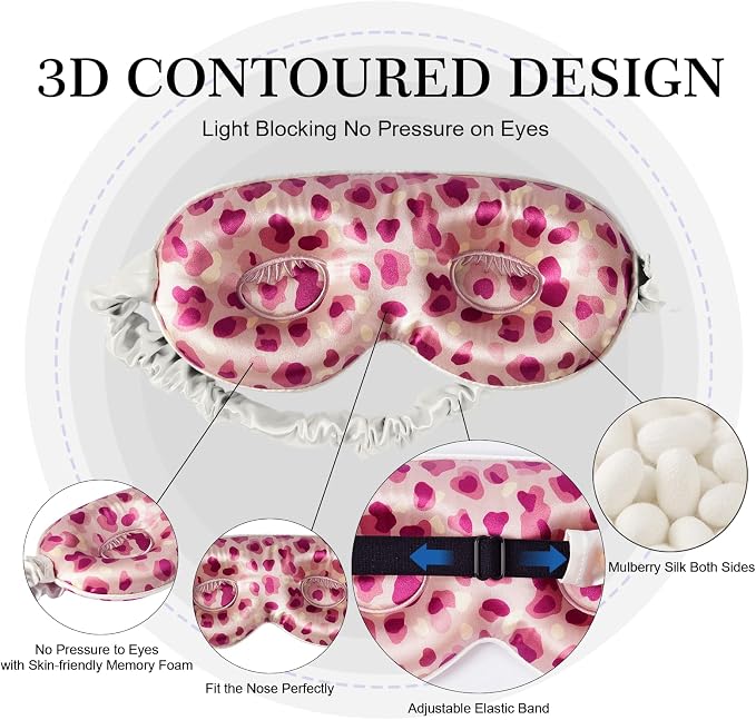ZIMASILK 22 Momme 100% Mulberry Silk Sleep Mask, 3D Contoured Cup Eye mask Blindfold, Super Soft & Comfortable Sleep Eye Mask for Sleeping(Leopard Pink/Purple)