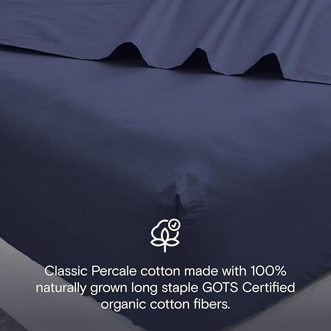 DOZ 100% GOTS Certified Organic Cotton Sheet Set, Crisp Percale Weave, Long Staple, Breathable, Matte Finish, Hotel Style, Durable, 3pc – 2 Pillowcases 1 Fitted (Sapphire, Cal King)