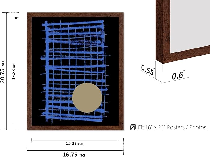 Monem Art Blue Grid Abstract Geometric Print - Modern Minimalist Art Poster - Wall Decor for Living Room, Bedroom or Office - 16x20 Brown Framed Wall Art by Mareike Bohmer