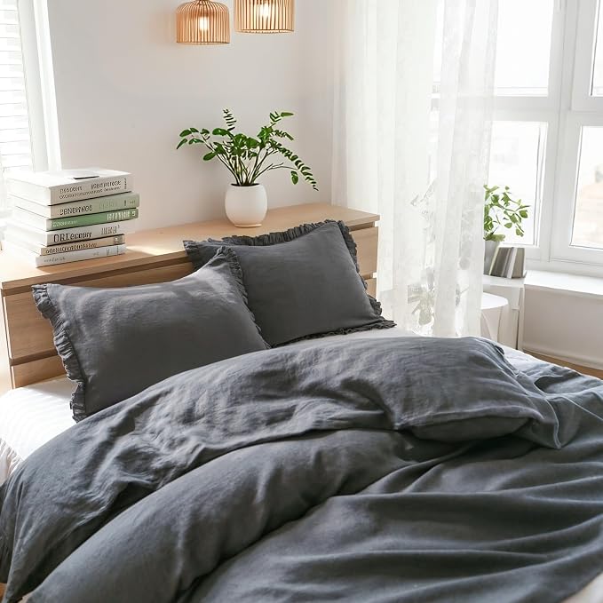 Simple&Opulence 100% Linen Duvet Cover Set, 3 PCS Natural French Flax Dark Grey Ruffle Duvet Cover Queen Size, Breathable Comfy Linen Bedding Comforter Cover with 2 Pillowcases (Dark Grey, 88" X 92")