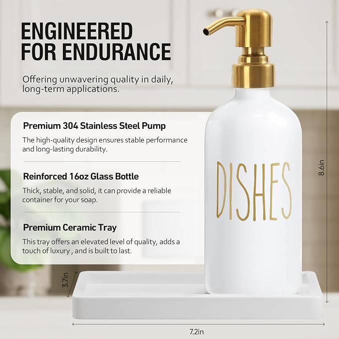 MOMEEMO Kitchen Soap Dispenser Set, Contains Dish Soap Bottle and Hand Soap Bottle with Ceramic Tray, Suitable for Kitchen Decor and Accessories. (Gold)