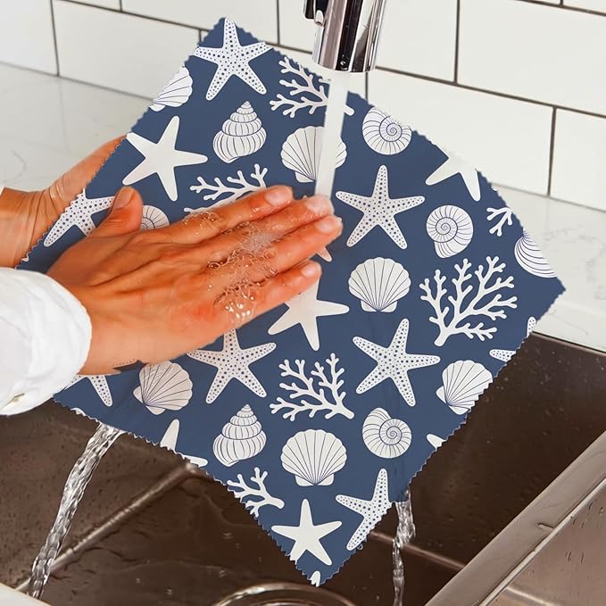 Reusable Beeswax Wraps, 9 Pack Eco-Friendly Food Storage, Organic, Sustainable, Zero Waste, Plastic-Free, Sandwich, Bowl, Fruit, 1XL, 3M, 5S, Navy Blue Turtle Starfish Coral Shell Pattern
