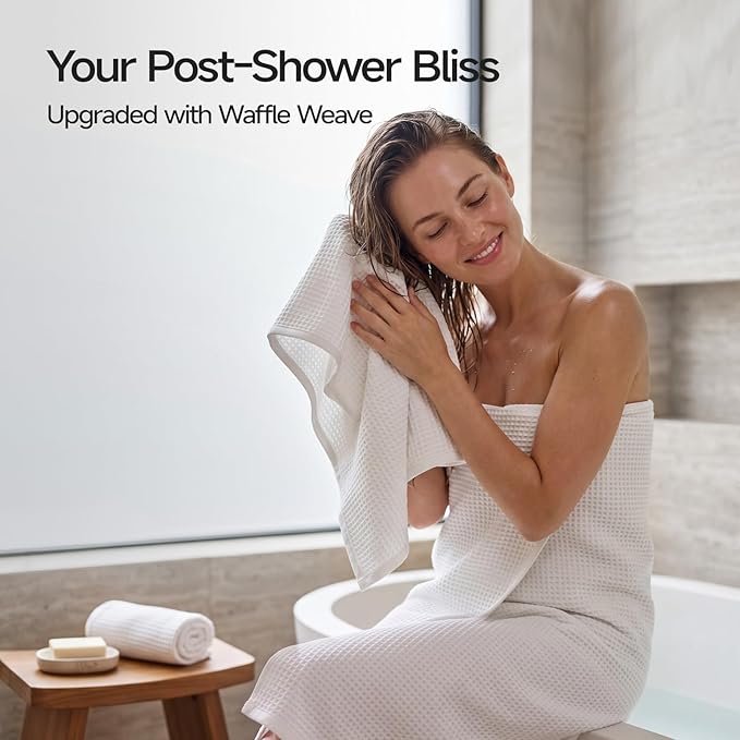 ecolook 6-Piece Waffle Weave Towel Set, 100% Cotton, Lightweight, Absorbent & Quick-Drying, 2 Bath Towels (31×63 in), 2 Hand Towels, 2 Washcloths, Lint-Free for Bathroom, Pool, Gym, Travel - White