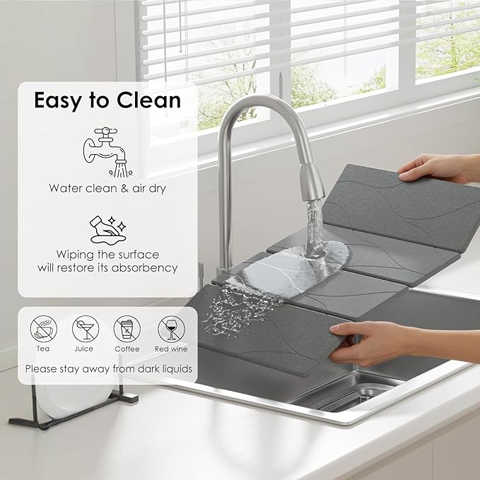 3 PCS Large Stone Dish Drying Mat for Kitchen Counter -24"x16" Absorbent Diatomaceous Earth Mat with Stone Faucet Mat & Soap Tray - Quick Dry, Collapsible, Non-Slip Countertop Organizer