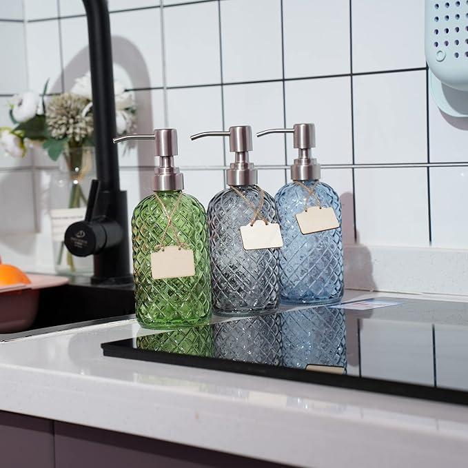 16 oz Diamond Pattern Glass Soap Dispenser, Kitchen and Bathroom Refillable Soap Dispenser with Rust Resistant Stainless Steel Pump for Hand Soap, Lotion Glass Liquid Dispenser(Green)