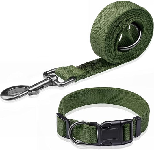 Green Dog Collar and Leash Set for Medium Dogs Soft and Breathable of 90% Rayon from Bamboo and 10% Polyester Comfortable Skin-Friendly, Adjustable Leash Set with Quick Release Buckle