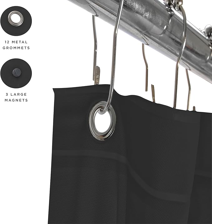 Bath Bliss Heavy Shower Curtain Liner, 12 Rust Resistant Metal Grommets, 3 Weighted Magnet Hem, Black