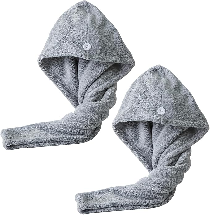 2 Pack Microfiber Hair Towels for Women - Super Absorbent & Fast Drying Hair Wrap Cap for Thick Long Curly Hair, Soft Bath Towel for Shower, Gym, Travel (Grey)