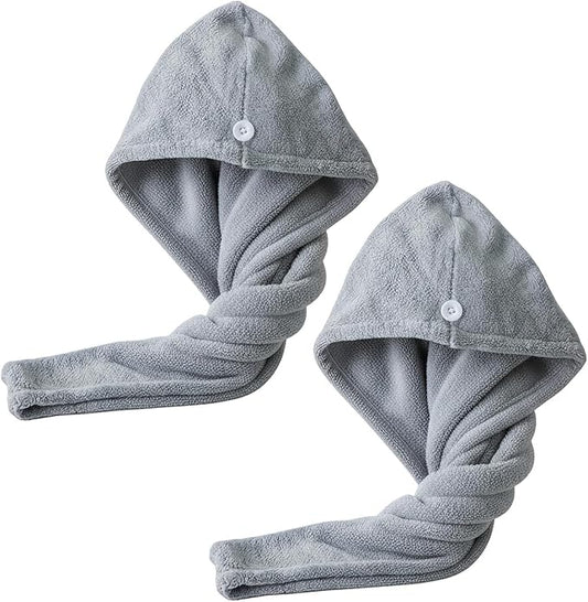 2 Pack Microfiber Hair Towels for Women - Super Absorbent & Fast Drying Hair Wrap Cap for Thick Long Curly Hair, Soft Bath Towel for Shower, Gym, Travel (Grey)