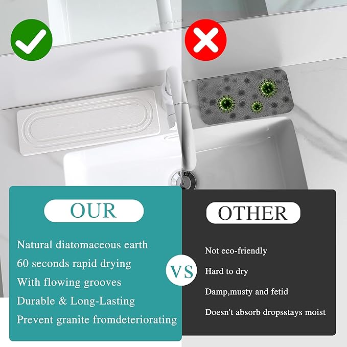2PCS Water Absorbing Stone Tray for Sink, Quick Drying Diatomite Bathroom Tray Countertop, Stone Drying Mat for Kitchen Counter Faucet, Soap Dish Dispenser Vanity Organizer, White-11.8" x 4"