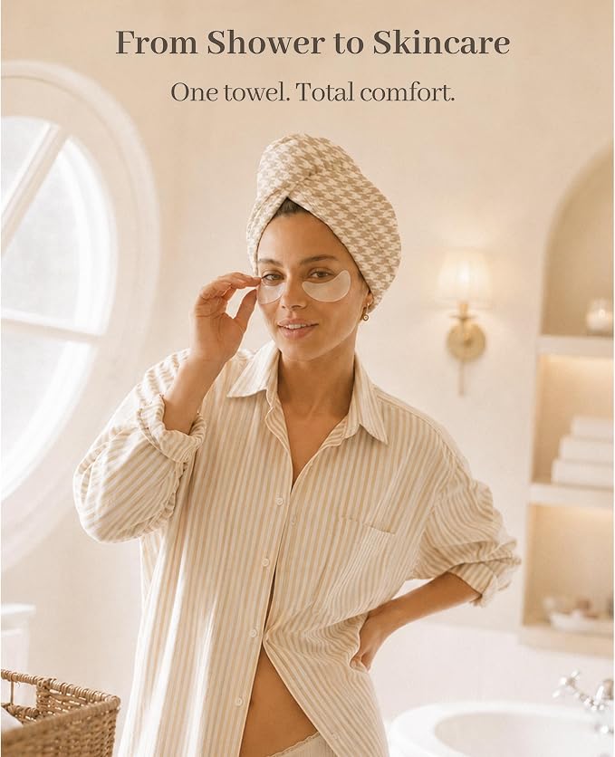 ROLSHOL Cotton Hair Towel Wrap for Women, 2 Pack 100% Cotton Hair Drying Towels for Long, Thick & Curly Hair, 32" x 11" Large Hair Turban for Wet Hair with Elastic Band (Apricot)
