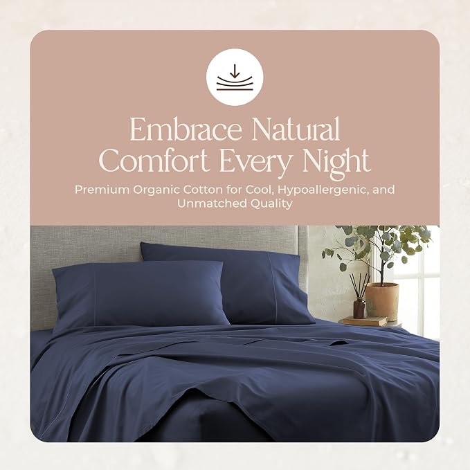 Certified Organic Full Flat Sheet Only - 100% Organic Cotton Top Sheet with Luxurious Soft and Breathable 300 Thread Count Sateen Weave Finish - GOTS & Fairtrade Certified (Navy, Full)