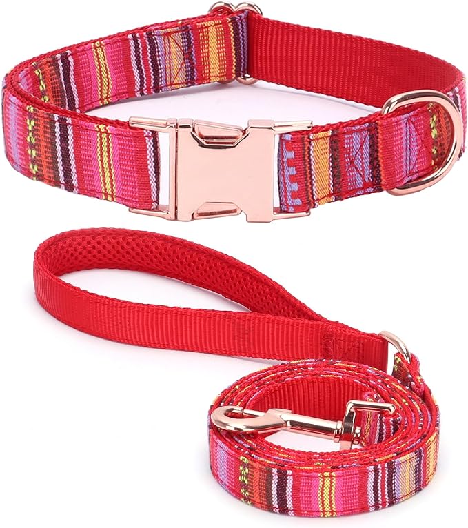 Dog Collar and Leash Set for Dogs Walking Bohemia Ethnic Style | Soft Durable Nylon Adjustable Collar with Metal Buckle 5ft Matching Leash with Padded Handle for Small Medium Large Dogs