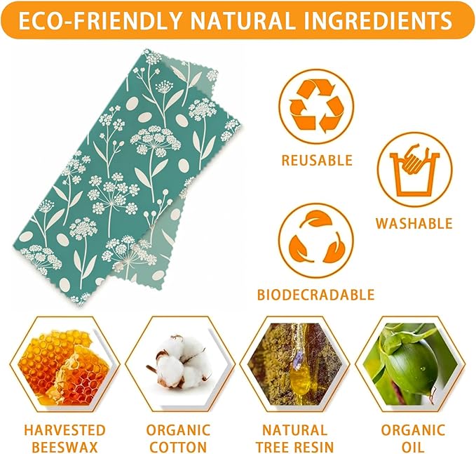 Reusable Beeswax Wraps, 9 Pack Eco-Friendly Food Storage, Organic Cotton, Sustainable, Zero Waste, Plastic-Free, Sandwich, Snack, Bowl Covers, 1XL, 3M, 5S, Botanical Leaves & Flowers