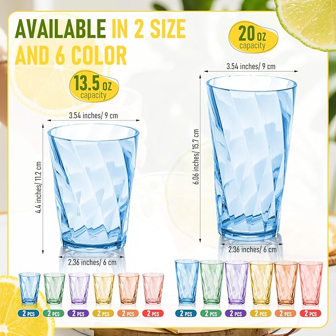 LemonRoad 24 Pack Reusable Plastic Drinking Glasses Set - 20oz &13.5oz Stackable Tumbler, Shatter-resistant Highball Cup for Water, Cocktail, Iced Coffee, Indoor Outdoor, BBQ, Patio, Pool (Multicolor)