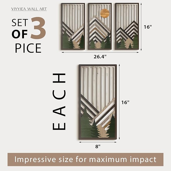 VIYYIEA Boho Solid Wood Carved Wall Art Set of 3, Geometric Minimalist Wooden Home Decor Panels, Handcrafted Solid Wood Wall Hanging for Living Room Bedroom Hallway, 16 x 8 Inch Each (Sunrise Green)