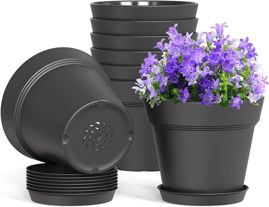 WSMKSZ 4 Inch Plastic Plant Pots with Drainage Holes and Trays – 8 Pack Small Nursery Pots for Indoor & Outdoor House Plants and Flowers, Seedling Starter Planters, Matte Black