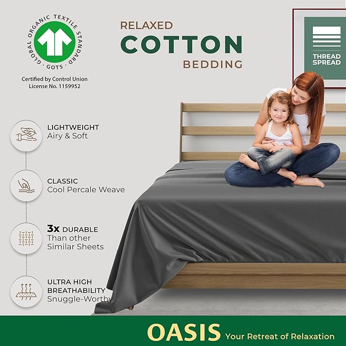 THREAD SPREAD 100% Organic Cotton Percale Flat Sheet Twin Size - 1 PC Flat Sheet, Dark Grey - Crisp, Cool and Strong Bed Linen, Top Sheets for Hot Sleepers, Luxury Breathable GOTS Certified Sheets