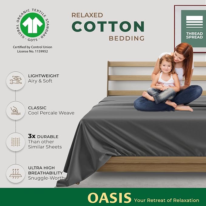 THREAD SPREAD 100% Organic Cotton Percale Flat Sheet California King Size - 1 PC Flat Sheet, Dark Grey - Crisp, Cool and Strong Bed Linen, Top Sheets for Hot Sleepers, Luxury Breathable GOTS Certified