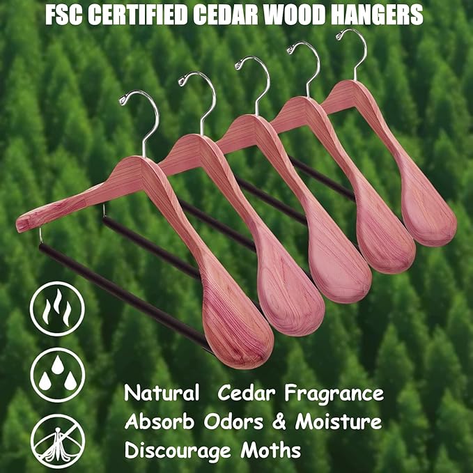 Amber Home 10 Pack Cedar Suit Hangers with Extra Wide Shoulder, Wooden Clothes Hangers for Coats & Jacket, Aromatic Natural Cedar Hangers with Non-Slip Velvet Pant Bar
