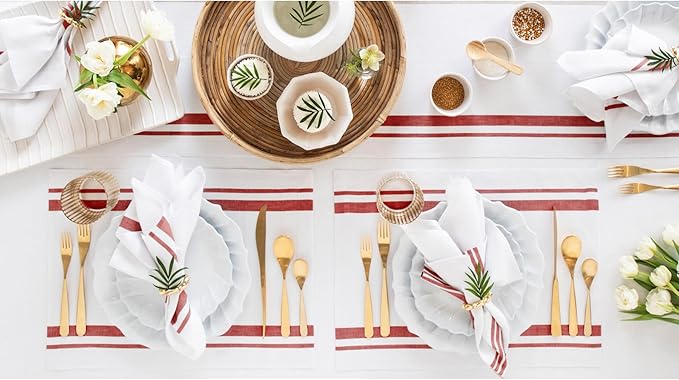 Solino Home Linen Placemats Set of 4 - French Stripe Red and White Placemats 14 x 19 Inch - 100% Pure Linen Table Mats for Summer, 4th of July