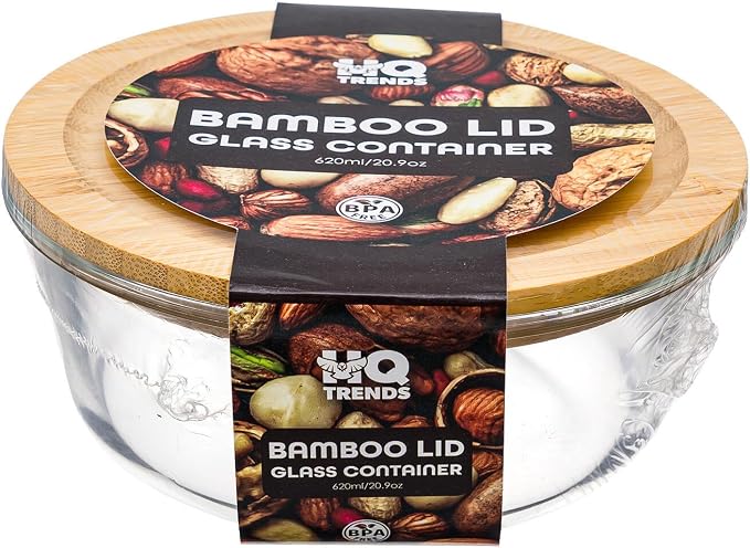 3 Piece Round Glass Food Storage Container Set with Bamboo Lids, BPA-Free Borosilicate Glass, Airtight Silicone Seal, Stackable Kitchen Storage Containers, 20.9oz, 32.1oz & 59.1oz