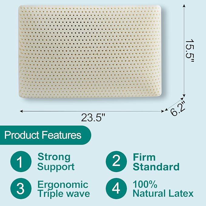 100% Natural Talalay Latex Pillow, Luxury Standard Strong Support Sleeping Bed Pillow for Side, Back, and Stomach Sleepers, Firm Latex Foam Pillow, Removable Breathable Cotton Cover (Standard (Firm))