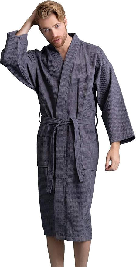 Soft Touch Linen Men's Cotton Waffle Bathrobe, Luxurious & Lightweight, Comfortable & Absorbent, Softness, Fast Dry,