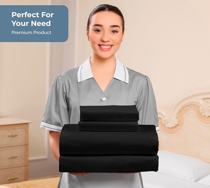 ROYALE LINENS 100% Organic Cotton King Sheet Set - Percale Weave - 4 Pieces Set - 1 Flat, 1 Deep Pocket Fitted Sheet and 2 Pillowcases - Black Bed Sheets - Sábanas King - Crisp Cool (Black)