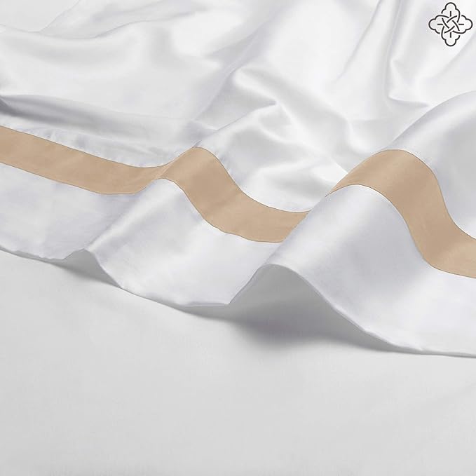 BIOWEAVES 100% Organic Cotton Banded Sheet Set, Soft Sateen Weave GOTS Certified with deep Pockets (Queen, White & Sand)